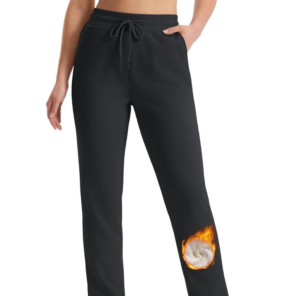 Warm Sherpa Lined Black Sweatpants Cozy Winter Jogger Lounge Pants Fleece Lining